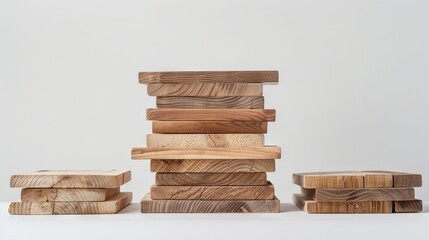 A stack of wooden blocks on a white surface.