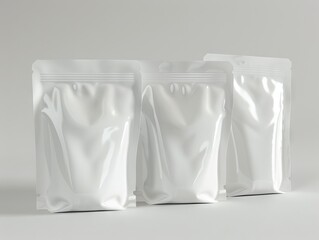 Three white plastic bags on a gray surface.