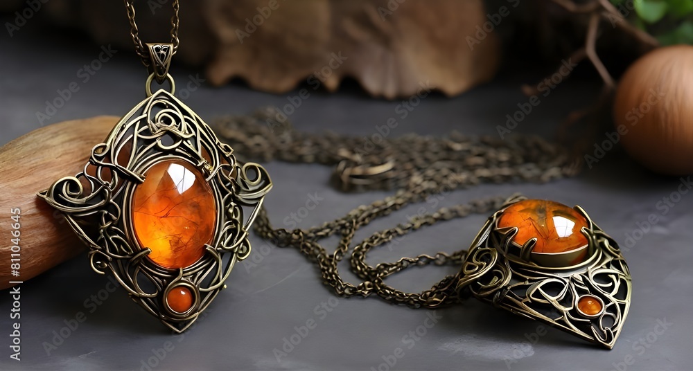 Wall mural Fantasy elven antique bronze necklace pendant with orange amber cabochon gem, precious and sacred heirloom elfish jewelry.