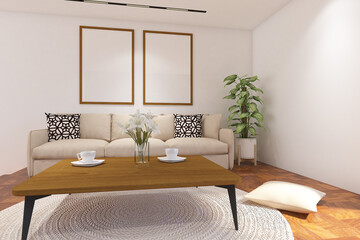 3d rendering illustration of living interior of floor stage with sofa and frame mock up. Wood parquet floor, white wall finish and white ceiling. Set 7