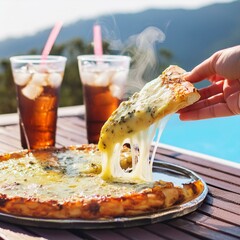 Hand taking cheesy goodness pizza slice with refreshing drinks in the background during summer season