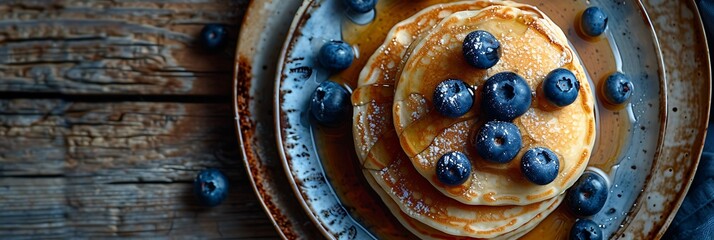 Fresh Blueberry pancakes with maple syrup, realistic food banner, top view with copy space