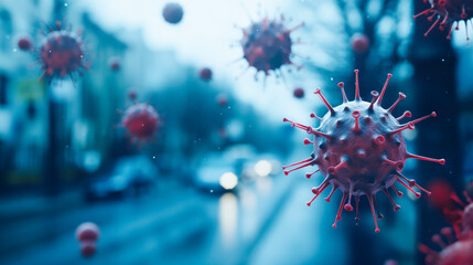 The virus is over the city. Virus protection of the megalopolis. The spread of the virus through the air. Covid, flu, SARS