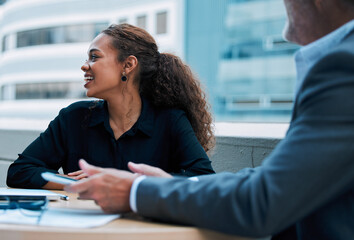 Smile, business and woman in meeting outdoor, balcony and discussion for planning, research and...