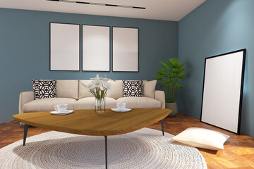 3d rendering illustration of living interior of floor stage with sofa and frame mock up. Wood parquet floor, blue wall finish and white ceiling. Set 9
