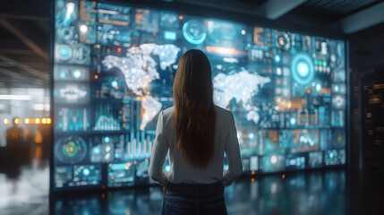 A woman stands in front of a large screen displaying a map of the world. The woman is looking at the screen with interest, possibly studying the data or information displayed