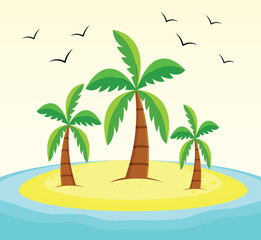 palm trees on the beach. Tropical island with palm trees and birds. Summer landscape vector illustration. 