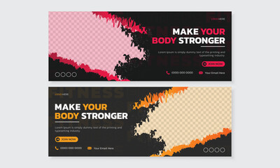 New creative gym fitness training facebook cover web banner design template for social media marketing ads promotion advertising with grunge brush strokes editable layered vector, unique trendy bundle