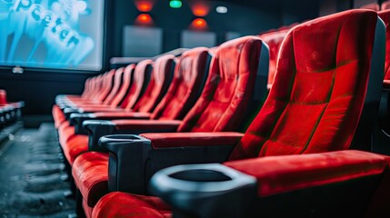 a classic movie theater with rows of red velvet cinema seats against a softly blurred background.