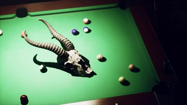 An animal skull rests atop a pool table, creating a stark juxtaposition between nature and recreation.