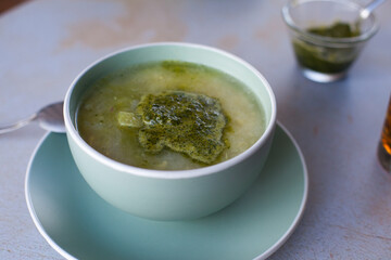 Peruvian green soup. Concept of soups.