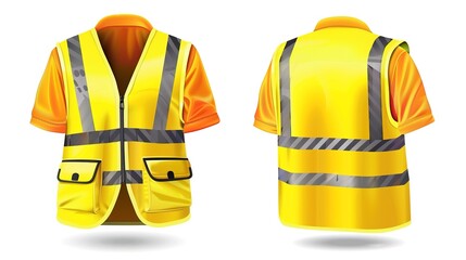 High visibility safety vest with reflective stripes and pockets, front and back views, ideal for construction and industrial use.