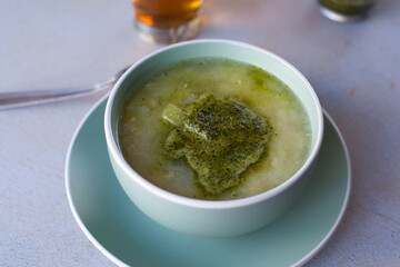 Peruvian green soup. Concept of soups.