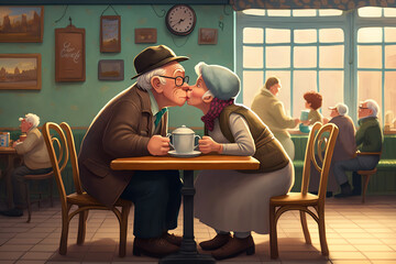 Elderly couple kiss. Romantic relationship. Happy forever Loving emotion - Powered by Adobe