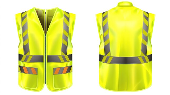 High visibility safety vest with reflective stripes and pockets, front and back views, ideal for construction and industrial use.