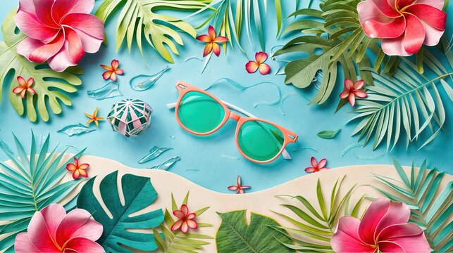 Tropical beach paper art with sunglasses and vibrant flora