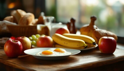 A table displays apples, bananas, eggs on a plate, and bread, evoking a breakfast spread.