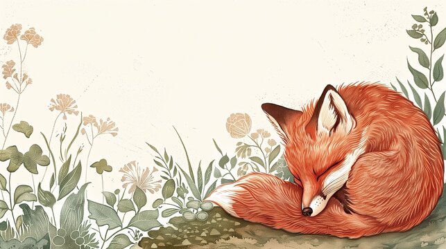 Cute sleeping fox illustration with copy space