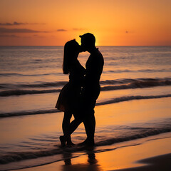 silhouette of couple on the beach at sunset