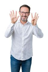 Handsome middle age elegant senior business man wearing glasses over isolated background showing and pointing up with fingers number nine while smiling confident and happy.