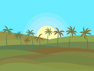 Tropical landscape with palm trees with sun. Silhouettes of palm trees on the hills. Summer time. Design of advertising booklets, banners, posters and travel agencies. Vector illustration