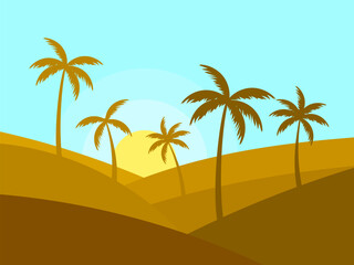 Landscape with silhouettes of palm trees at sunrise. Tropical landscape with palm trees in a minimalist style. Desert with sand dunes. Design for wallpaper, banner and cover print. Vector illustration