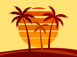 Tropical palm trees at sunset in a futuristic 80s style. Summer time, silhouettes of palm trees in synthwave and retrowave style. Design of advertising booklets and banners. Vector illustration