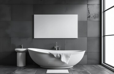 Modern bathroom with grey wall, white bathtub and sink mockup, grey floor tiles. Large blank canvas on the wall for advertising copy space