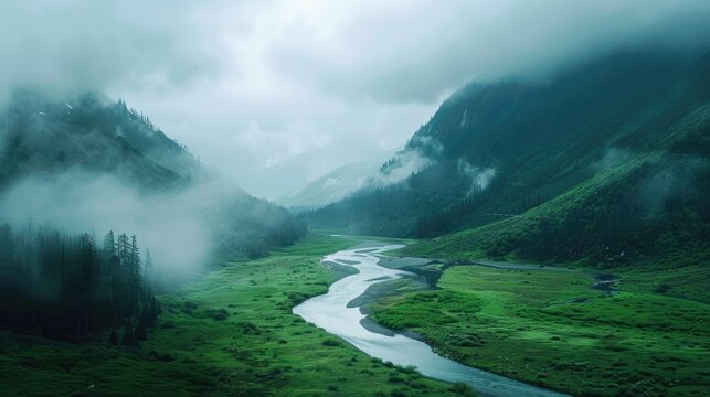 On a cloudy day a winding river flows through lush mountain meadows setting the scene for the celebration of the International Day of Forests and World Environment Day - Powered by Adobe