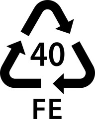 metal recycling code FE 40, steel, food cans symbol, ecology recycling sign, identification code, package waste black fill icon