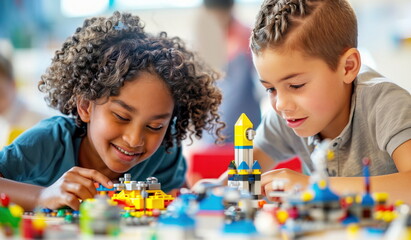Diverse group of children engaged in STEM learning activities using building blocks in a colorful classroom.