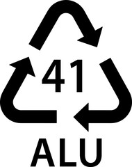 metal recycling code ALU 41, aluminium, soft drink cans, deodorant cans, disposable containers, aluminium foil symbol, ecology recycling sign, identification code, package waste black fill icon