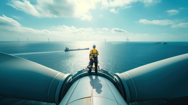 Technician Monitoring Offshore Wind Turbines