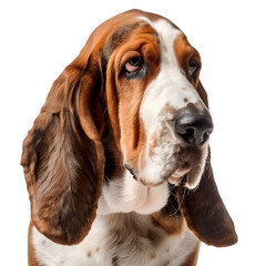A Basset Hound, with long droopy ears and a sad expression, on a transparent background.
