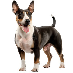 A Bull Terrier, distinctive for its egg-shaped head and muscular build, on a transparent background.