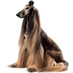 An Afghan Hound, with a striking appearance and long, silky hair, on a transparent background