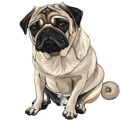 A Pug, charming and mischievous, with a wrinkled face and curled tail, on a transparent background.