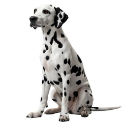 A Dalmatian, iconic for its black and white spotted coat, alert and active, on a transparent background