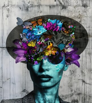 A woman in a floral hat, vintage style.