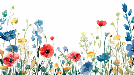 Watercolor wildflower banner with red poppies and ample copy space