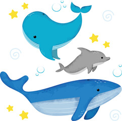 Set of cartoon ocean animals. Two whales and dolphin. Can be used for kids stationery or for children books.