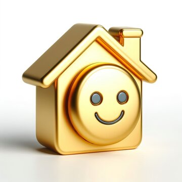  a 3d gold House with happy face, white background
