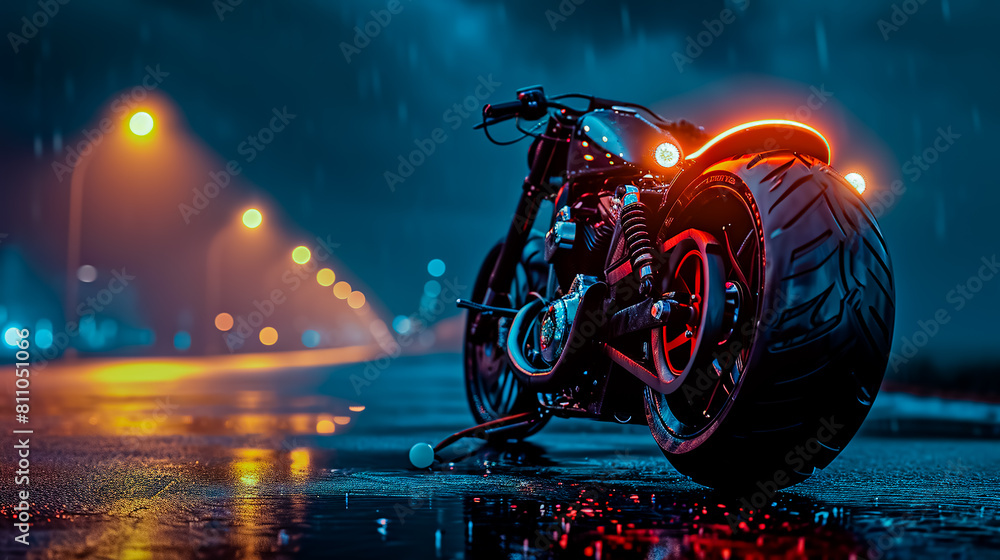 Wall mural a motorcycle is parked on a wet road with lights on