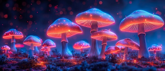Neon Mushroom.  Illustration On The Theme Of Nature, Mushrooms And The Macrocosm. Generative AI