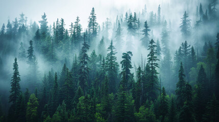 Dense Forest Covered in a Misty Veil
