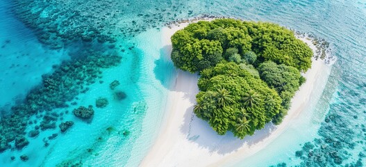 Aerial view of the Maldives shows the unique shape of the island and the bright blue waters with lush greenery on some of the islands.