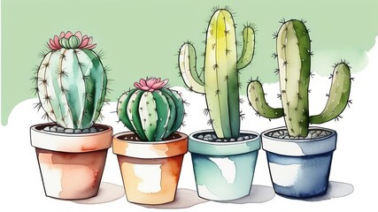 
Several pots of cacti in watercolor style
