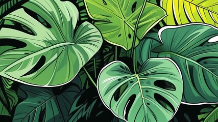 Fototapeta premium Watercolor style image of large monstera leaves