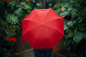 umbrella in the rain, The red umbrella takes center stage in the scene, its vibrant hue capturing the viewer's attention and symbolizing the protective shield offered by travel insurance