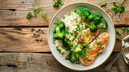 affectionate chicken fillet served with rice and broccoli on a plate, placed on a rustic wooden table, inviting viewers to indulge in a comforting meal.
